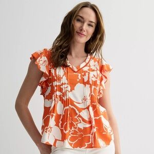 Sonoma Orange & White Tropical Floral Pintuck Flutter Sleeve Boho Blouse | 3X